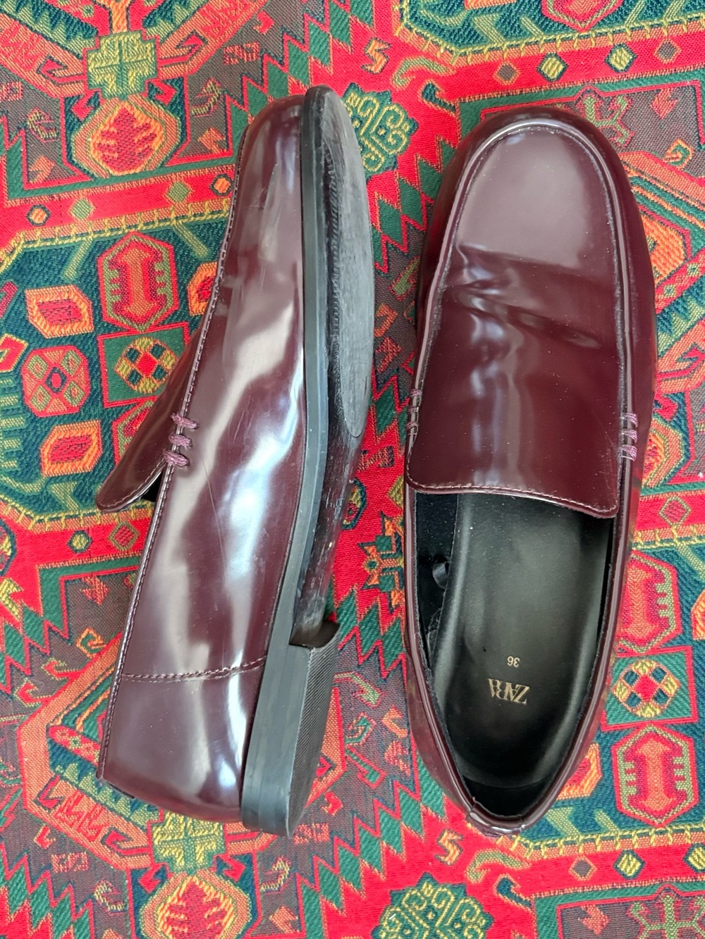 Zara Women’s Patent Leather Slip-On Loafers in Deep Burgundy